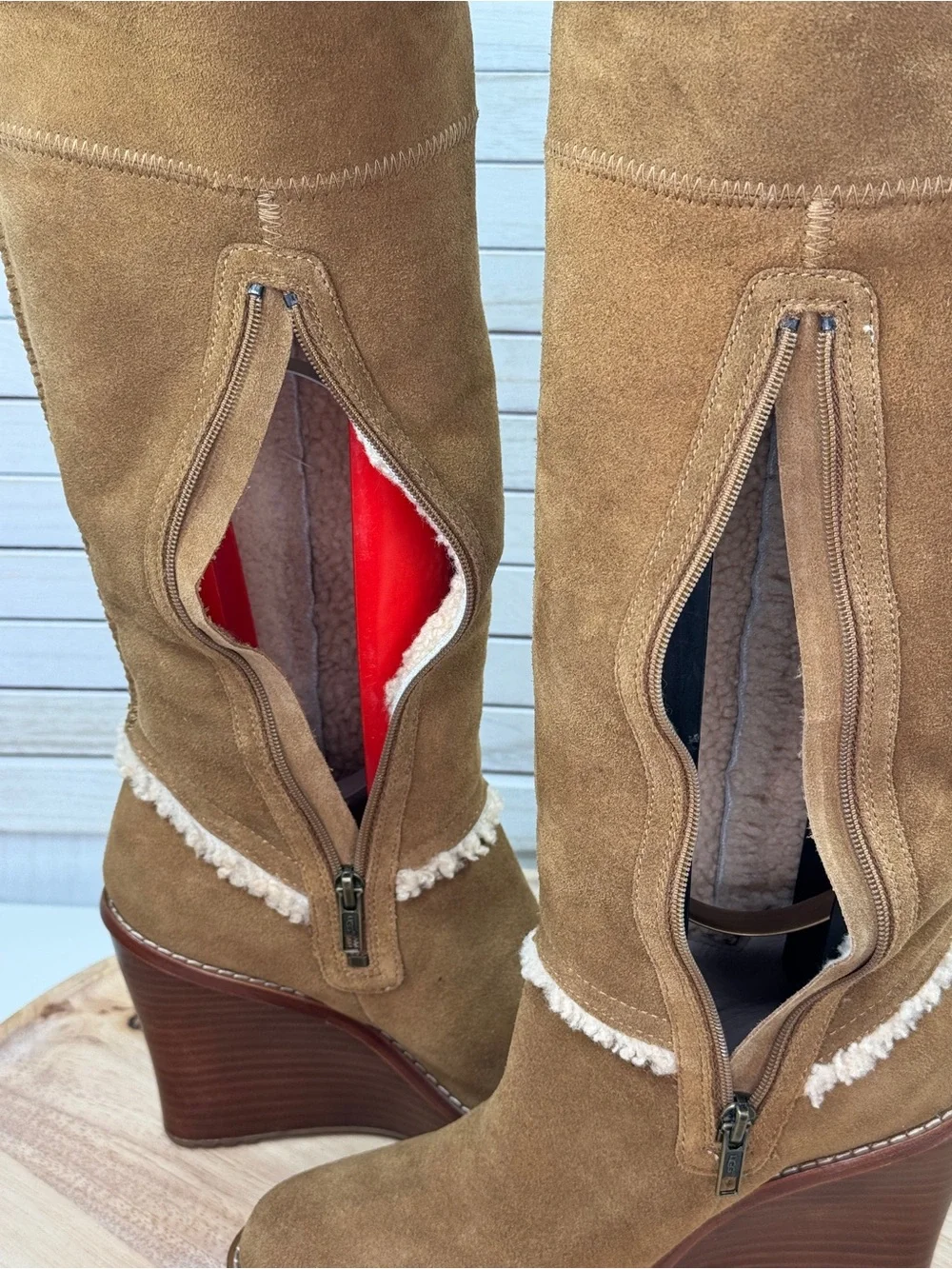 Ugg Aubrie Suede Shearling Wedge Heel Knee High Boots Tan 7.5 Boho Retro - Picture 8 of 12